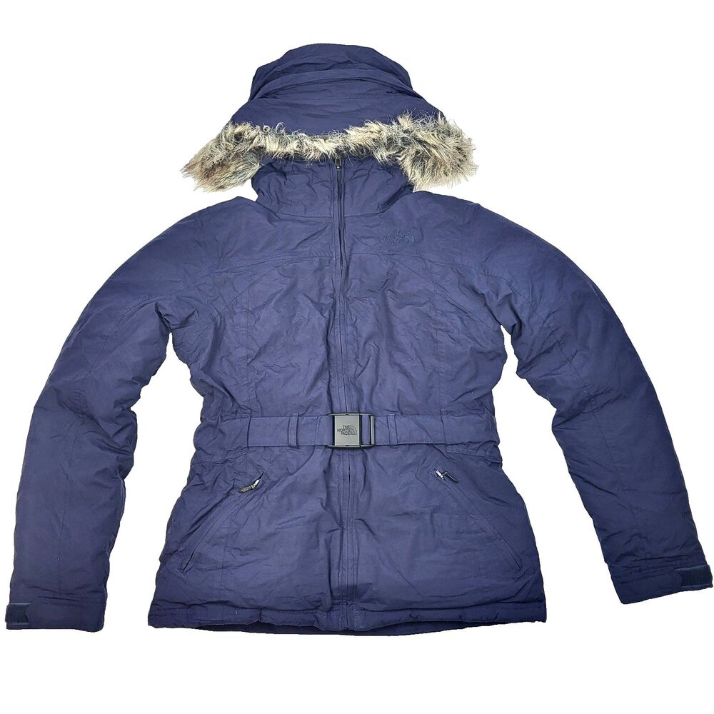 The North Face HyVent Women's Belted Goose down Jacket Hooded faux fur Navy  S